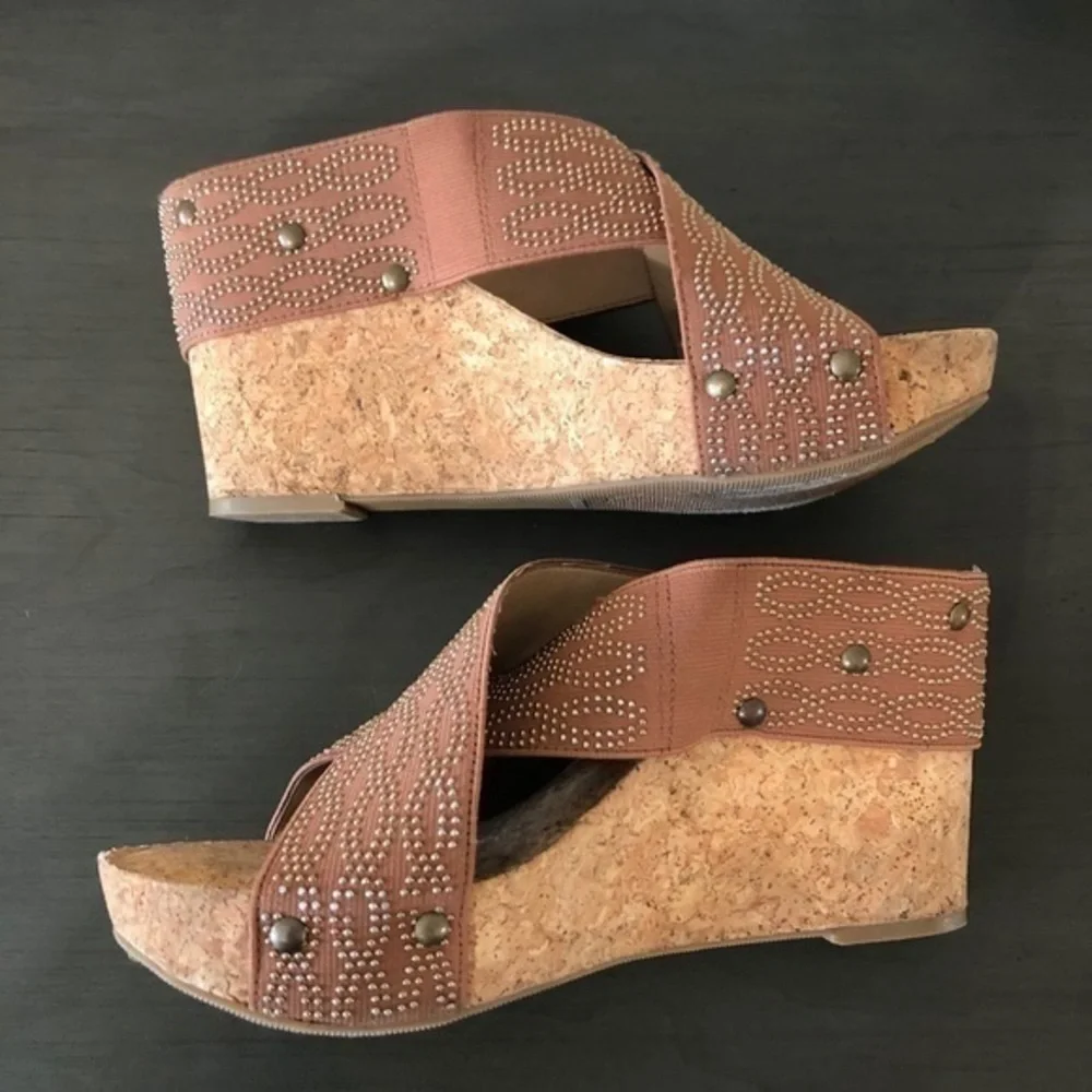 Lucky Brand Miller Brown Fabric Studs Cork Wedges